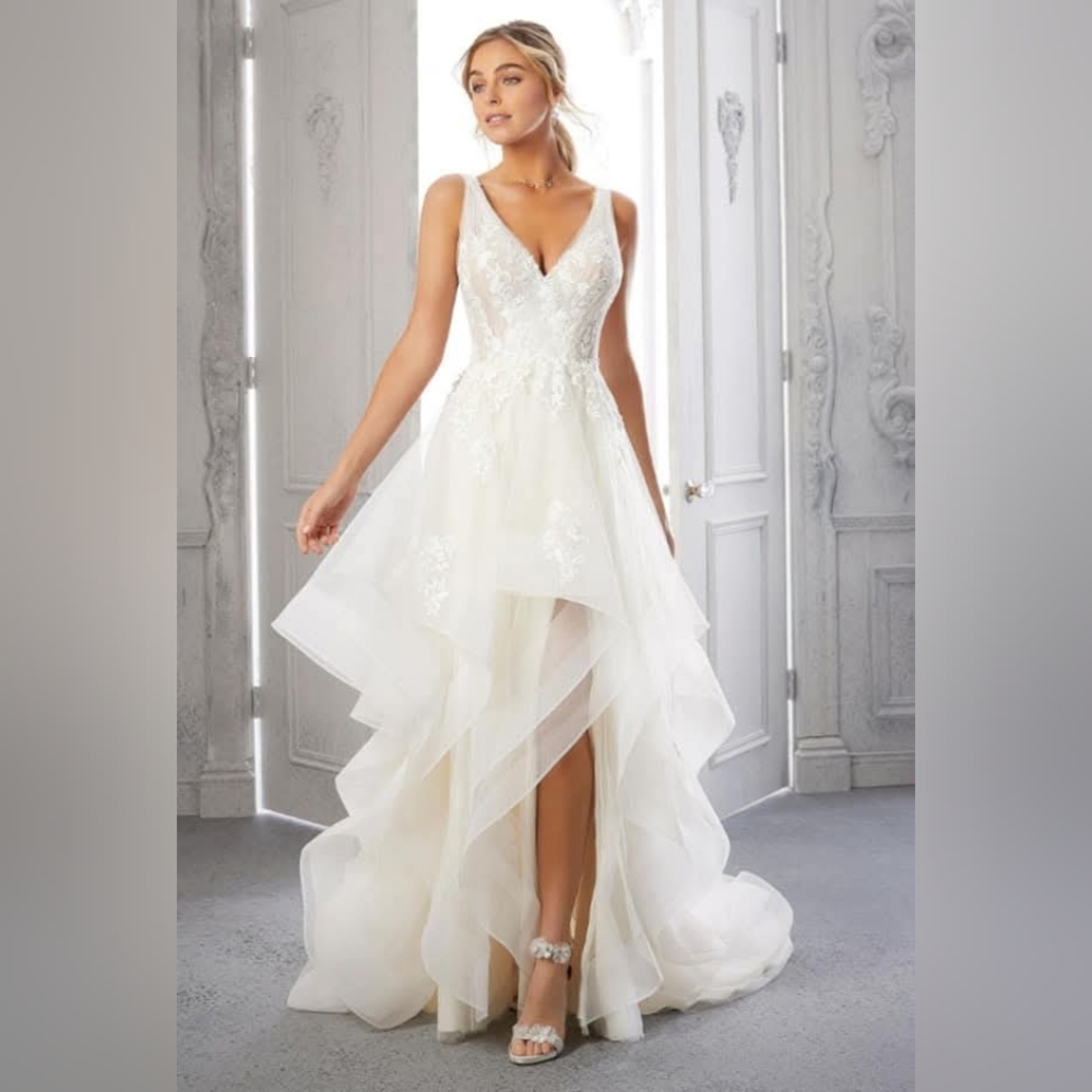 "Carmelina" Ruffled Slit Tank Style Scoop Back Illusion Side Bridal Gown